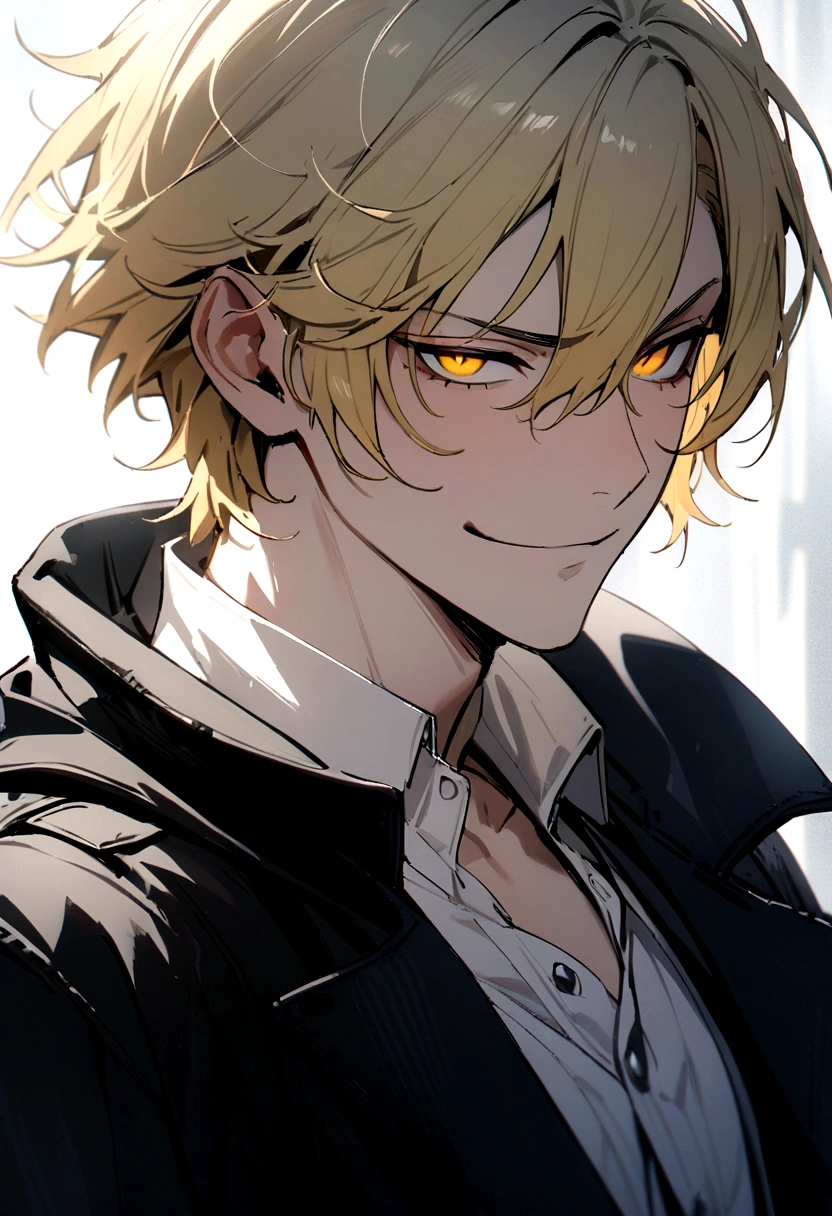 Masterpiece, solo, 1 male, short hair, blond hair, yellow eyes, smirk facial, black and white shirt, black coat