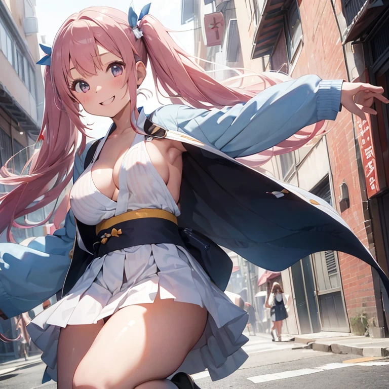 NSFW, 1girl solo long_hair, Sakura hair color twintails, wearing white kimono, wearing a short pleated white miniskirt, very big breasts, wearing Micro bikini with white and blue stripes, Ecstatic smile, very out one&#39;s crotch,