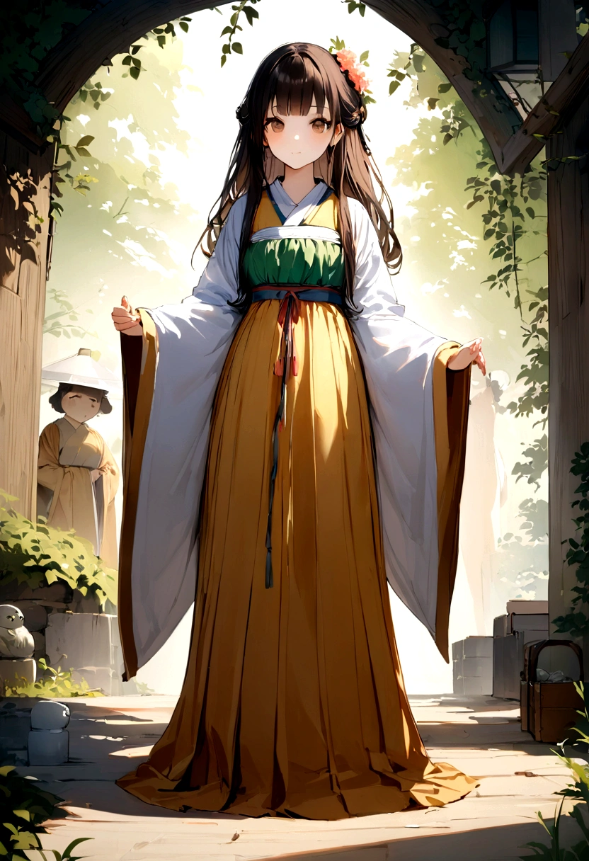 Best image quality、8K、masterpiece:1.3))、Realistic high-quality photos、Highest quality、 Beautiful face、Photos of slim models、Beautiful girl model、Young and pretty face、Beautiful model girl、A lovely and delicate face、Black Hair、Beautiful brown eyes、Young Body、Hanfu, (emphasize)、Camera gaze,、Anatomically correct、胸の谷間をemphasize、whole body