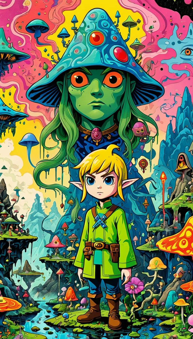 whole body, The Legend of Zelda game characters, Zelda Comics, man, Zelda character ff, Ian Mack's style, Chen Taimei, Fashionable clothing design, Horror Dungeon Description, Jean Baptiste Monge, academia,Psychedelic Abstract Art, puzzling, melt, Bright colors, Michael DeForge (Michael Deforge) Inspired by Pop Art, Mumford, tumblr, Psychedelic Art, Psychedelic illustration, Psychedelic Trip, Psychedelic Trip, retro Psychedelic illustration, Psychedelic Art style, psychedelic style, Surreal psychedelic design, LSD Trip, Psychedelic Fever Dream, psychedelics, Shaman horror LSD art, psychedelics