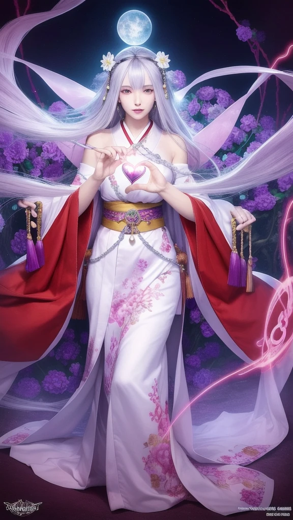 (masterpiece, top quality, 1 female, solo, exquisite details, chromatic aberration), (realistic), (skin), ((breathing)), (silver hair, blunt bangs, cropped straight long hair, short bangs, silver hair), beautiful hair, red headdress, highlights, hair on one eye, beautiful eyes, purple eyes, thick lips, earrings, piercing eyes, ((gold and white kimono)), ((symmetrical eyes)), ((perfectly symmetrical body)), ((perfectly symmetrical hands)), (purerosface_v1:0.3), full moon night, ((self, natural light))), bright lighting, flowers blooming in background, in front of viewer, ((central shot, from the front, (face and shoulders))), mysterious atmosphere, colorful flowers blooming around, bright colored background, shrine maiden in kimono, beautiful shrine maiden, Shrine maiden, fantasy female shrine maiden, female fortune telling shrine maiden, fantasy photography, Japanese style, elegant cinematic fantasy art, fantasy woman, sorceress portrait, powerful wizard surrounded by mystical colorful flowers, holding a glowing heart crystal ball, eyes glowing with mystical energy, spells leaking from her mouth, vibrant sorcery vortexes pulsating with rainbow hues appear in the air, magic permeates, flowers bloom, sacred creatures gaze in awe, threads of magical energy dance, reveal hidden realms, unravel secrets, capture the essence of this enchanting moment and bring to life the mystical power of sorcery on a canvas of the highest quality and finest detail. Top quality, masterpiece, ultra high resolution, (photorealistic: 1.4), RAW photo, sharp focus, high resolution, detailed skin.
Flowers blooming all around, bright colored background, fortune teller in kimono, beautiful fortune teller, fortune teller, fantasy female fortune teller, female fortune teller, fantasy photography, Japanese style, fortune teller in kimono, elegant cinematic fantasy art, fantasy woman, magician portrait, fortune teller, powerful wizard surrounded by mystical colorful flowers, holding a glowing heart c