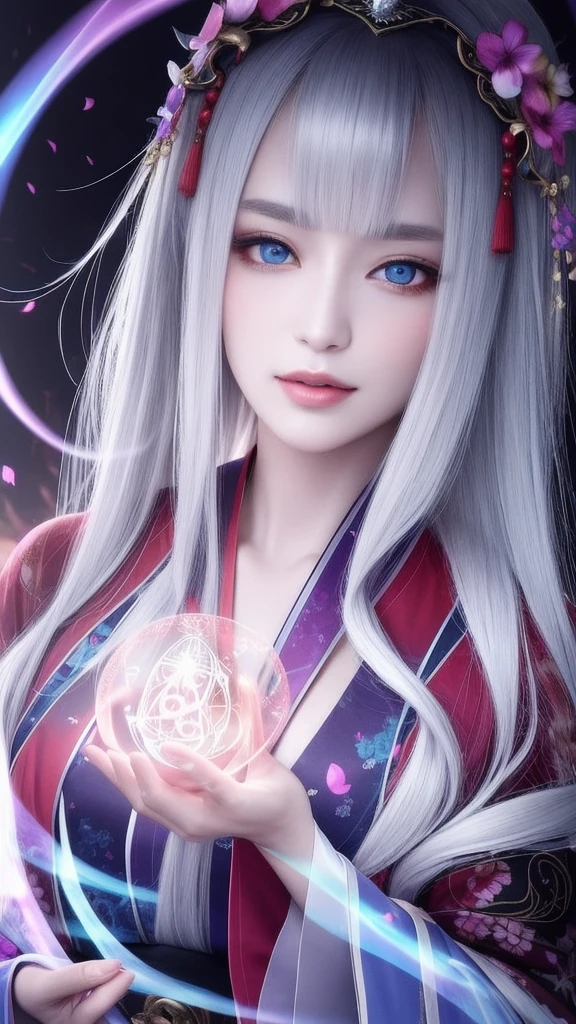 (masterpiece, top quality, 1 female, solo, exquisite details, chromatic aberration), (realistic), (skin), ((breathing)), (silver hair, blunt bangs, cropped straight long hair, short bangs, silver hair), beautiful hair, red headdress, highlights, hair on one eye, beautiful eyes, purple eyes, thick lips, earrings, piercing eyes, ((gold and white kimono)), ((symmetrical eyes)), ((perfectly symmetrical body)), ((perfectly symmetrical hands)), (purerosface_v1:0.3), full moon night, ((self, natural light))), bright lighting, flowers blooming in background, in front of viewer, ((central shot, from the front, (face and shoulders))), mysterious atmosphere, colorful flowers blooming around, bright colored background, shrine maiden in kimono, beautiful shrine maiden, Shrine maiden, fantasy female shrine maiden, female fortune telling shrine maiden, fantasy photography, Japanese style, elegant cinematic fantasy art, fantasy woman, sorceress portrait, powerful wizard surrounded by mystical colorful flowers, holding a glowing heart crystal ball, eyes glowing with mystical energy, spells leaking from her mouth, vibrant sorcery vortexes pulsating with rainbow hues appear in the air, magic permeates, flowers bloom, sacred creatures gaze in awe, threads of magical energy dance, reveal hidden realms, unravel secrets, capture the essence of this enchanting moment and bring to life the mystical power of sorcery on a canvas of the highest quality and finest detail. Top quality, masterpiece, ultra high resolution, (photorealistic: 1.4), RAW photo, sharp focus, high resolution, detailed skin.
Flowers blooming all around, bright colored background, fortune teller in kimono, beautiful fortune teller, fortune teller, fantasy female fortune teller, female fortune teller, fantasy photography, Japanese style, fortune teller in kimono, elegant cinematic fantasy art, fantasy woman, magician portrait, fortune teller, powerful wizard surrounded by mystical colorful flowers, holding a glowing heart c