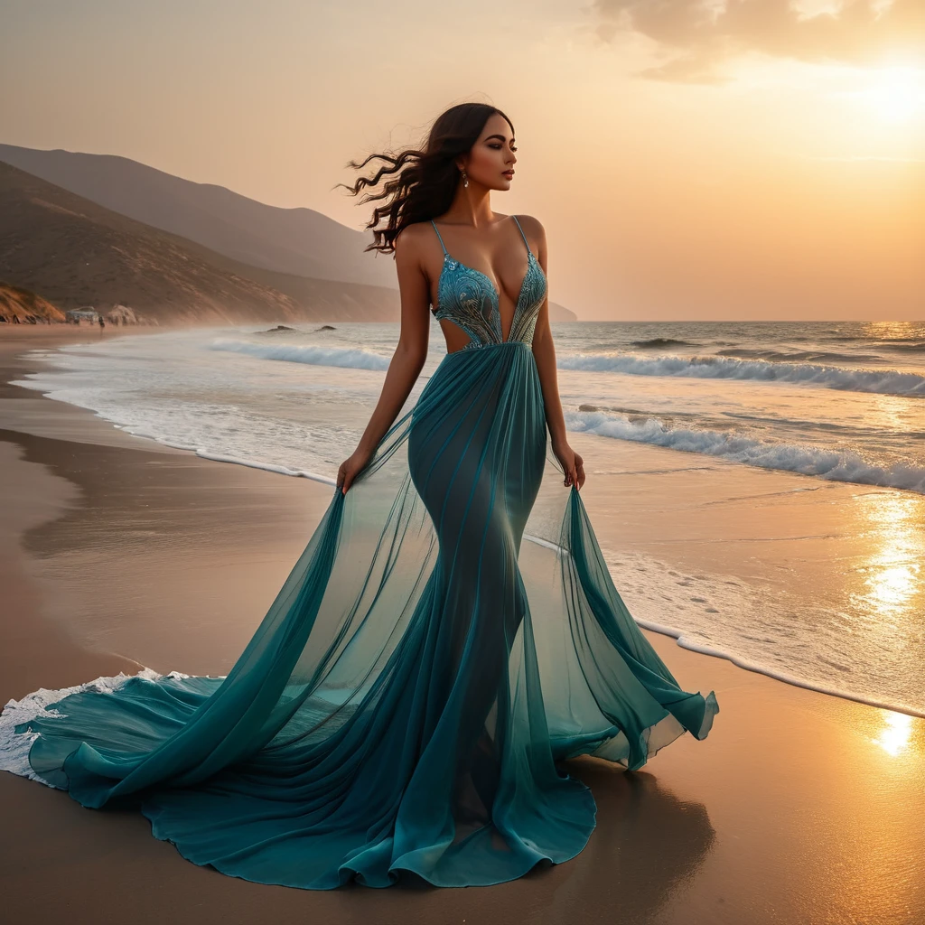 A captivating 3D render of a woman named Sonia standing on a sandy beach, with the ocean stretching out behind her. She is dressed in an exquisite, flowing gown that seamlessly blends with the water, creating a mesmerizing visual effect. The vibrant colors of the dress reflect and intermingle with the ocean's hues, while the sky above is a clear, serene blue. The horizon line separates the vast ocean from the sky, creating a dynamic and cinematic scene., cinematic, illustration, 3d render, photo