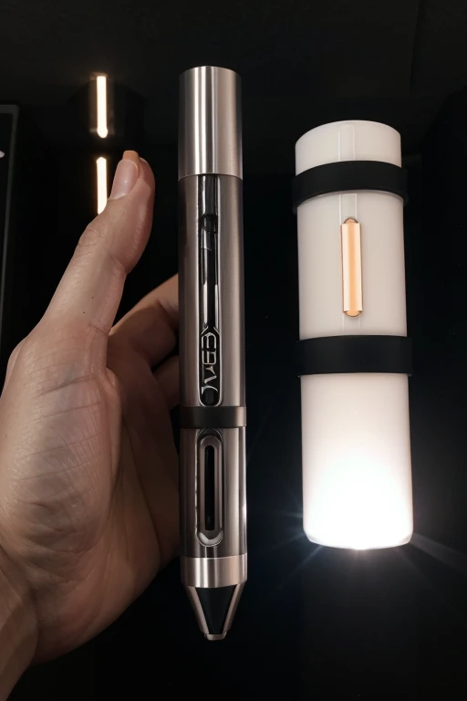 "Generate an image of a multifunctional pen, the SmartPen. It should have a cylindrical design, 15 cm long and 1 cm in diameter., Made of aluminum with a matte finish, available in matte black, shiny silver and rose gold. At the top end, Includes a rechargeable gel tip and a capacitive rubber tip for touch screens. In the central body, shows a small LED screen, a side slot with a 10 cm folding metal ruler, a transparent window with a spirit level, and a unscrewable lid that reveals a 32GB USB flash drive. on the bottom, shows a unscrewable cap with interchangeable screwdriver heads and a small button for an LED flashlight. Includes a sturdy metal clip on the side."