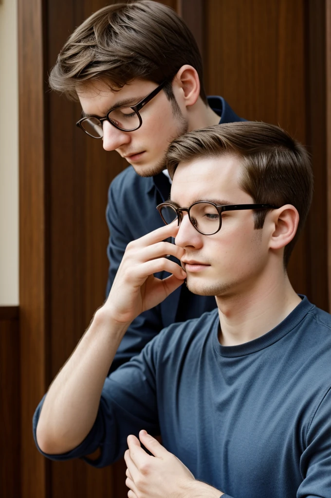 A young man, He has pale skin, brown hair and wears round glasses, is praying. He is a practitioner for little father. 
