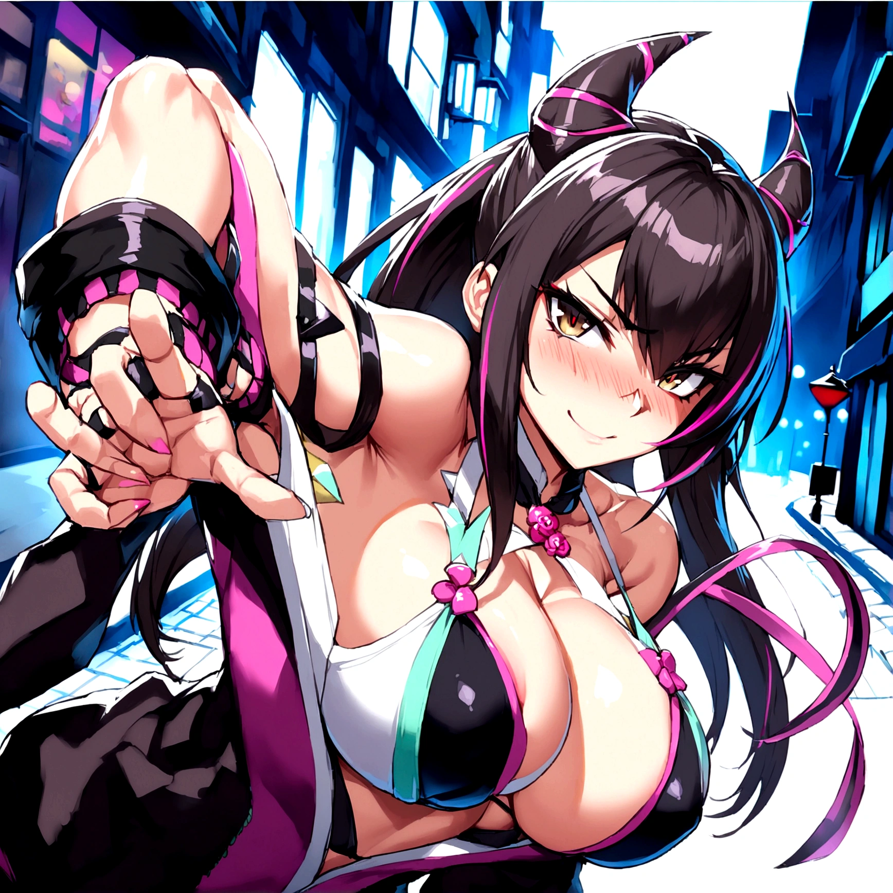 ((streetfigher)), looking the viewer, solo, girl, shy, red cheek, bashful, ((big breasts)), ((big boobs)), long hair, embarrassed, smiling, happy, perfect face, beautiful eye, upper body, (street), (at midnight), (bikini),