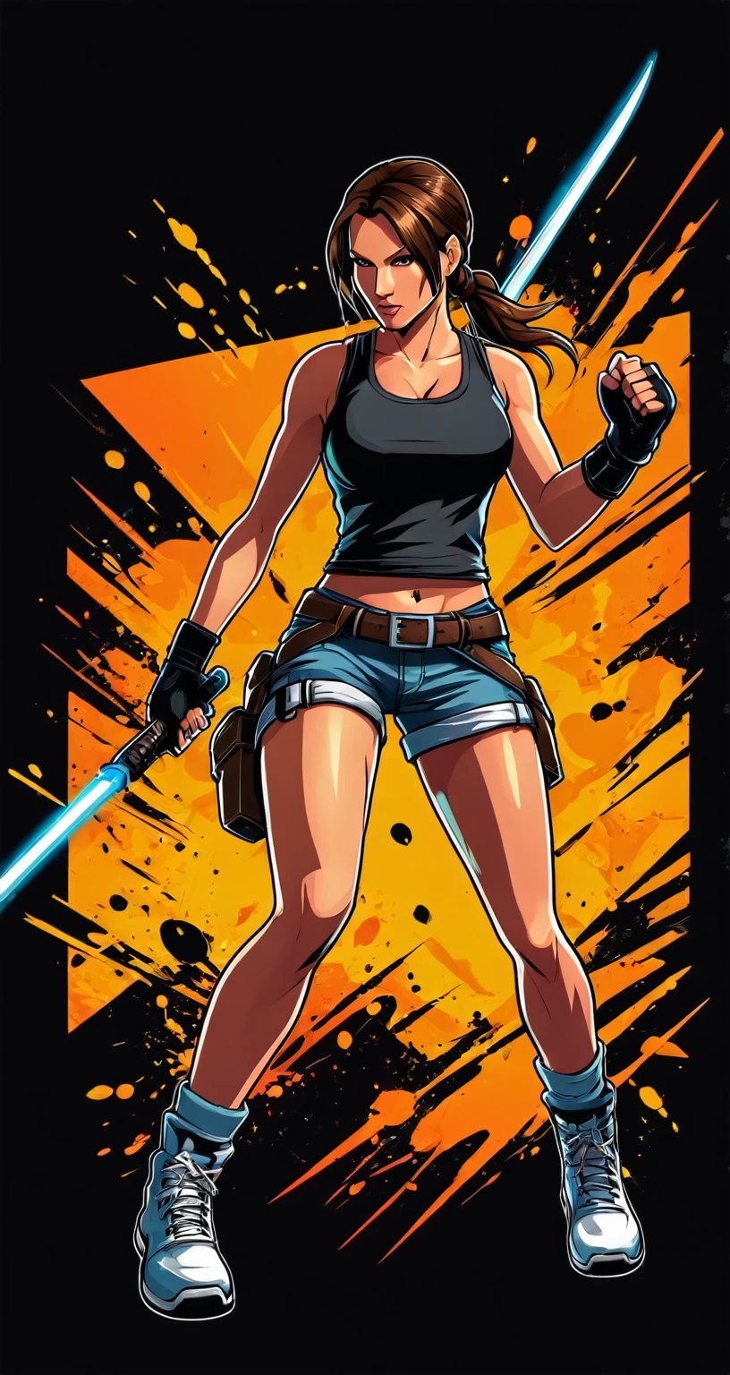 Lara Croft style fighting game, Hip-Hop Style, t shirt design, flat-colors, vectorial art, ((black backdrop)) . dynamic, Vibrant, full of action, detailed character design, reminiscent of fighting video games