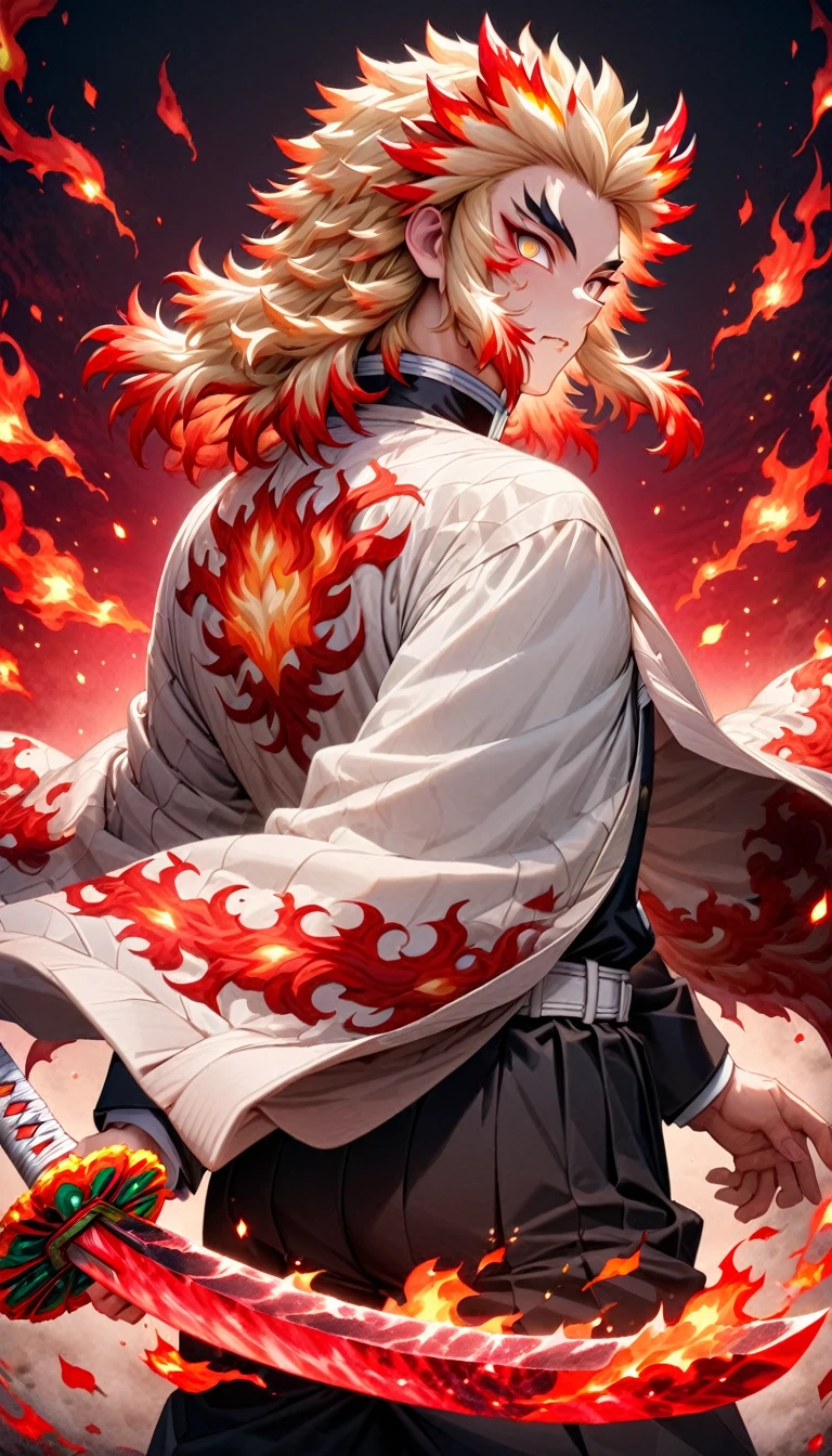 Super detailed, High resolution, Absurd, High resolution, masterpiece, Rengoku Kyojuro, Blonde, Expressive golden eyes, White Haori with a Flame Pattern, Black Demon Slayer uniform, Kimetsu no Yaiba, Fantasy, petal, Red flower, good looking, sexy man Grabbing a sword, alone, magic, shining red fireflies, Red Moon, Highest quality, Highly detailed face and eyes, fire, Grabbing a sword、Back view、Flame background
