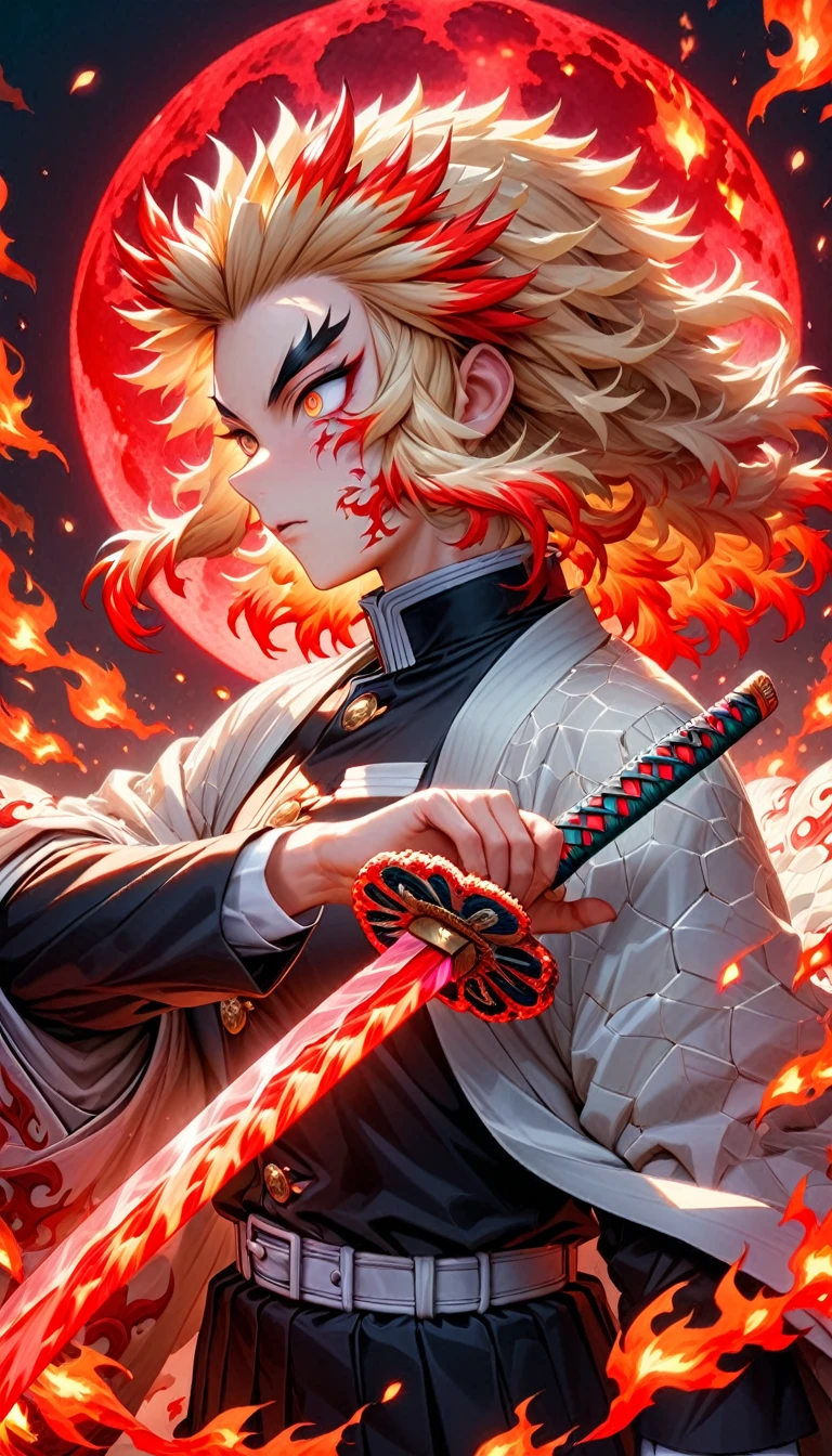 Super detailed, High resolution, Absurd, High resolution, masterpiece, Rengoku Kyojuro, Blonde, Expressive golden eyes, White Haori with a Flame Pattern, Black Demon Slayer uniform, Kimetsu no Yaiba, Fantasy, petal, Red flower, good looking, sexy man Grabbing a sword, alone, magic, shining red fireflies, Red Moon, Highest quality, Highly detailed face and eyes, fire, Grabbing a sword、Back view、Flame background