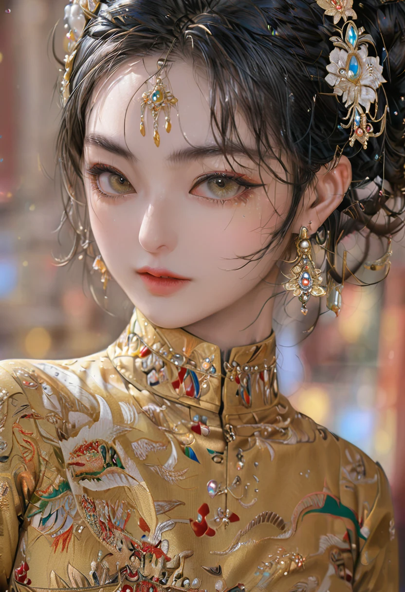 Masterpiece, high quality, 4K, beautiful design, shiny, from the front, award winning photo, extremely detailed, amazing, fine detail, absurdres, highly detailed woman, extremely detailed eyes and face, solo, 1girl, babe, glossy, big , wifs, sparkling fabric, incrusted with jewels, visible midriff , woman wearing a wifs, posing inside a castle with an oriental architecture, golden embroidery,