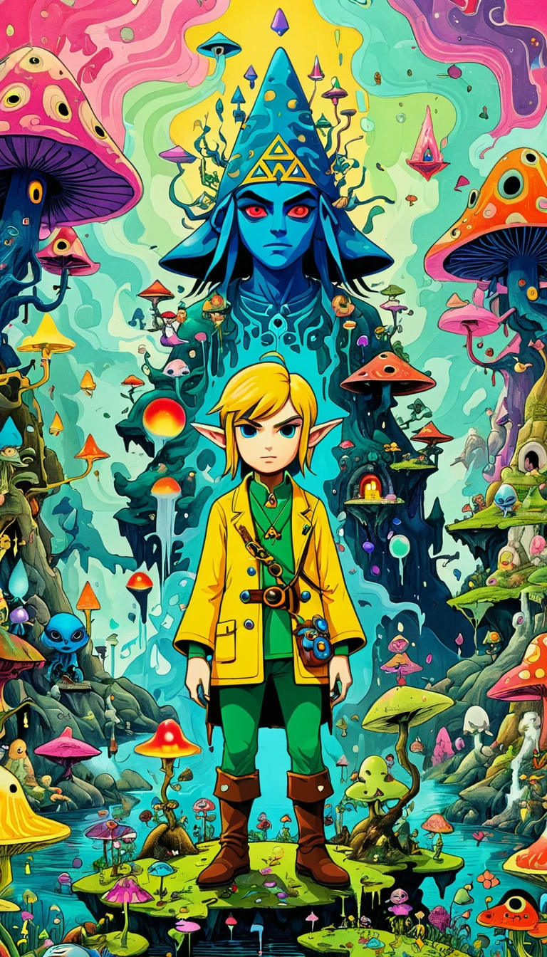 whole body, The Legend of Zelda game characters, Zelda Comics, man, Zelda character ff, Ian Mack's style, Chen Taimei, Fashionable clothing design, Horror Dungeon Description, Jean Baptiste Monge, academia,Psychedelic Abstract Art, puzzling, melt, Bright colors, Michael DeForge (Michael Deforge) Inspired by Pop Art, Mumford, tumblr, Psychedelic Art, Psychedelic illustration, Psychedelic Trip, Psychedelic Trip, retro Psychedelic illustration, Psychedelic Art style, psychedelic style, Surreal psychedelic design, LSD Trip, Psychedelic Fever Dream, psychedelics, Shaman horror LSD art, psychedelics