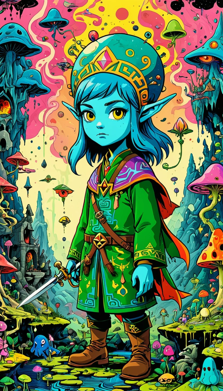 whole body, The Legend of Zelda game characters, Zelda Comics, man, Zelda character ff, Ian Mack's style, Chen Taimei, Fashionable clothing design, Horror Dungeon Description, Jean Baptiste Monge, academia,Psychedelic Abstract Art, puzzling, melt, Bright colors, Michael DeForge (Michael Deforge) Inspired by Pop Art, Mumford, tumblr, Psychedelic Art, Psychedelic illustration, Psychedelic Trip, Psychedelic Trip, retro Psychedelic illustration, Psychedelic Art style, psychedelic style, Surreal psychedelic design, LSD Trip, Psychedelic Fever Dream, psychedelics, Shaman horror LSD art, psychedelics