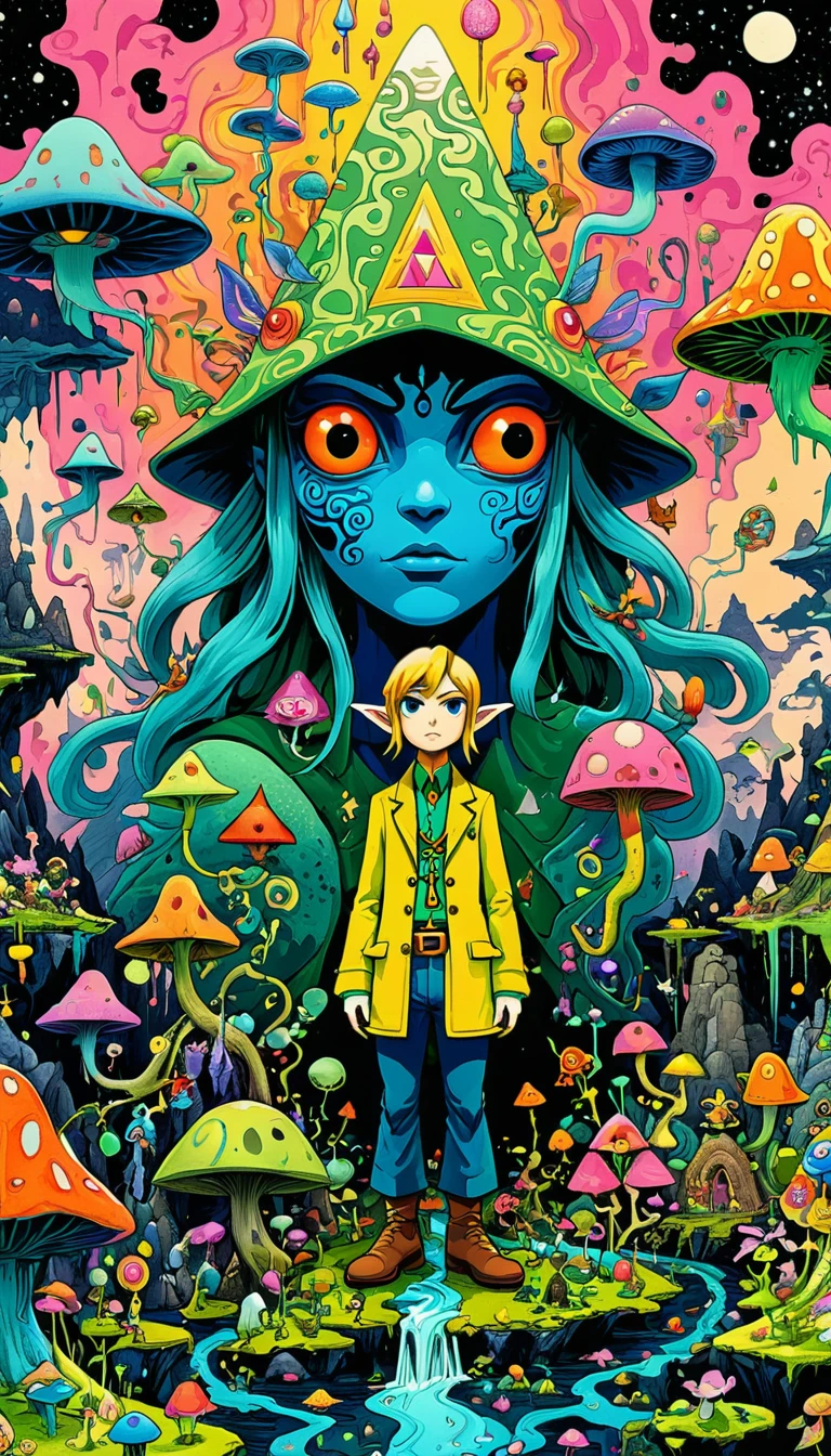whole body, The Legend of Zelda game characters, Zelda Comics, man, Zelda character ff, Ian Mack's style, Chen Taimei, Fashionable clothing design, Horror Dungeon Description, Jean Baptiste Monge, academia,Psychedelic Abstract Art, puzzling, melt, Bright colors, Michael DeForge (Michael Deforge) Inspired by Pop Art, Mumford, tumblr, Psychedelic Art, Psychedelic illustration, Psychedelic Trip, Psychedelic Trip, retro Psychedelic illustration, Psychedelic Art style, psychedelic style, Surreal psychedelic design, LSD Trip, Psychedelic Fever Dream, psychedelics, Shaman horror LSD art, psychedelics