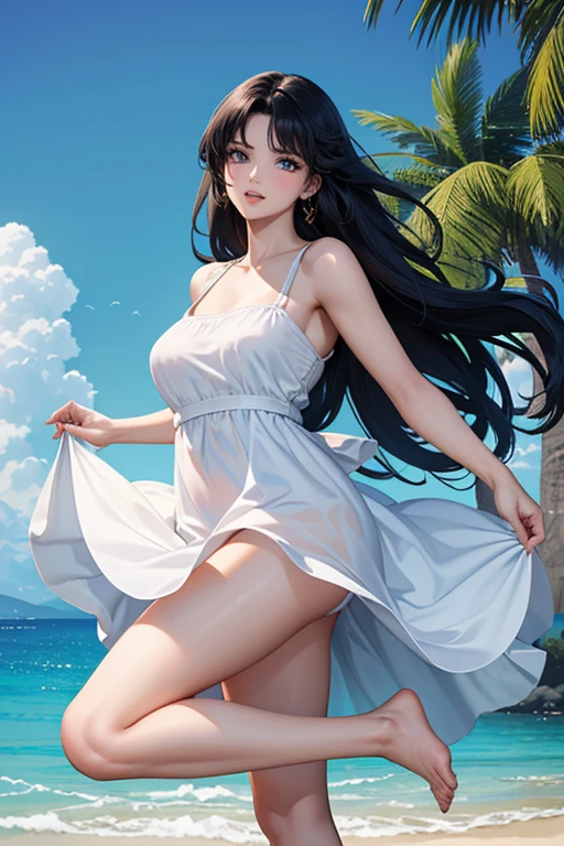 (Highest quality、masterpiece、High resolution、8K)、Vibrant colors、1 Female、Long black hair、whole body、barefoot、(Detailed face、Beautiful Eyes、Beautiful nose、Pretty lips)、A woman in a white dress jumps high、Official Art、The background is the sea、blue sky、Wide sandy beach、Wide forest、