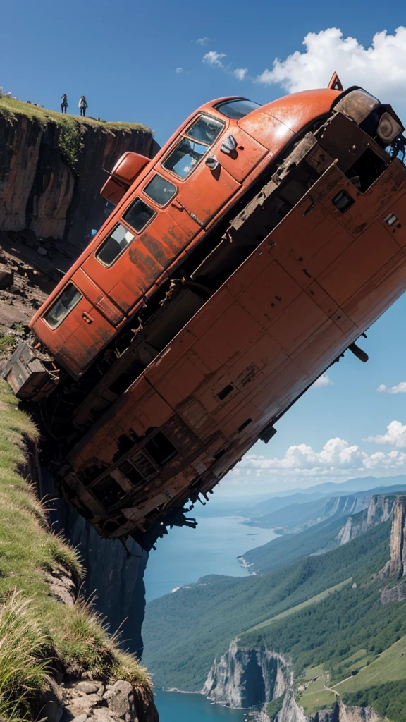 make a very real picture of a rusted crash airplane being stuck alongside a very high cliff, scary scenery, hyper-realistic, 16k