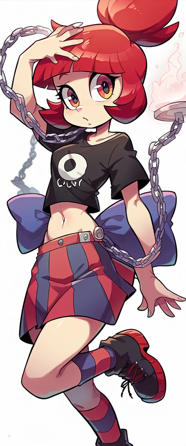 a cute girl beautiful red hair cut her colorful eye wears a black shirt t-shirt shows navel and a red striped skirt black box pair of socks black long heel coffee load chain waist 3 sphere planet earth Mars moon