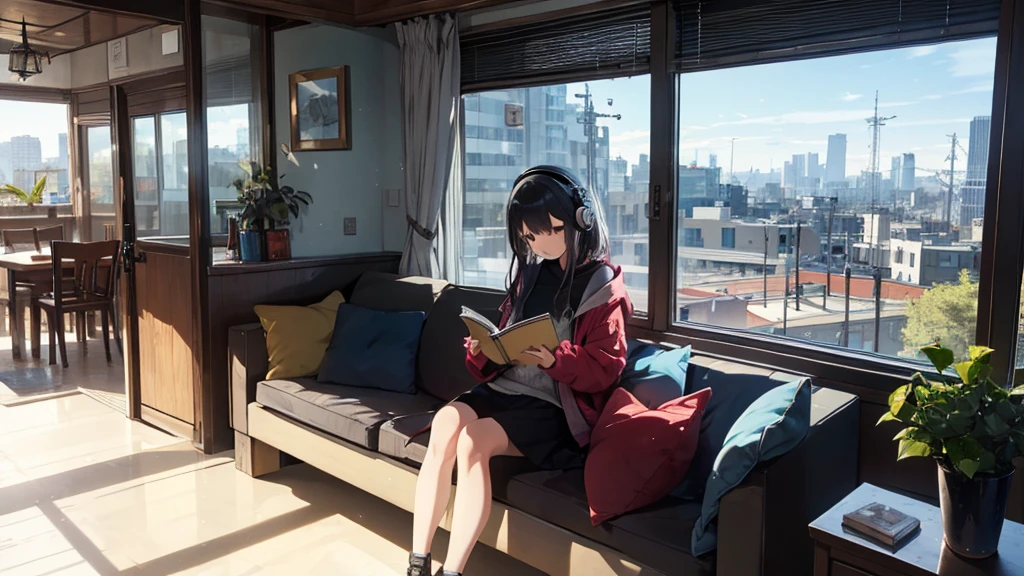 Girl sitting on sofa reading a book,In front of a large window,Morning sunlight,Streetscape、listen to music