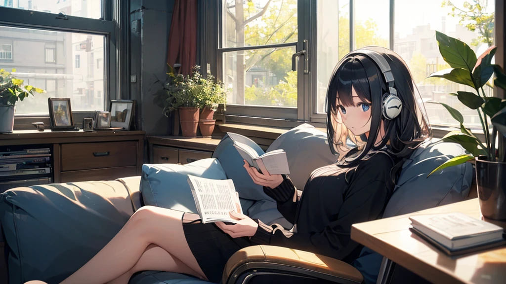 Girl sitting on sofa reading a book,In front of a large window,Morning sunlight,Streetscape、listen to music
