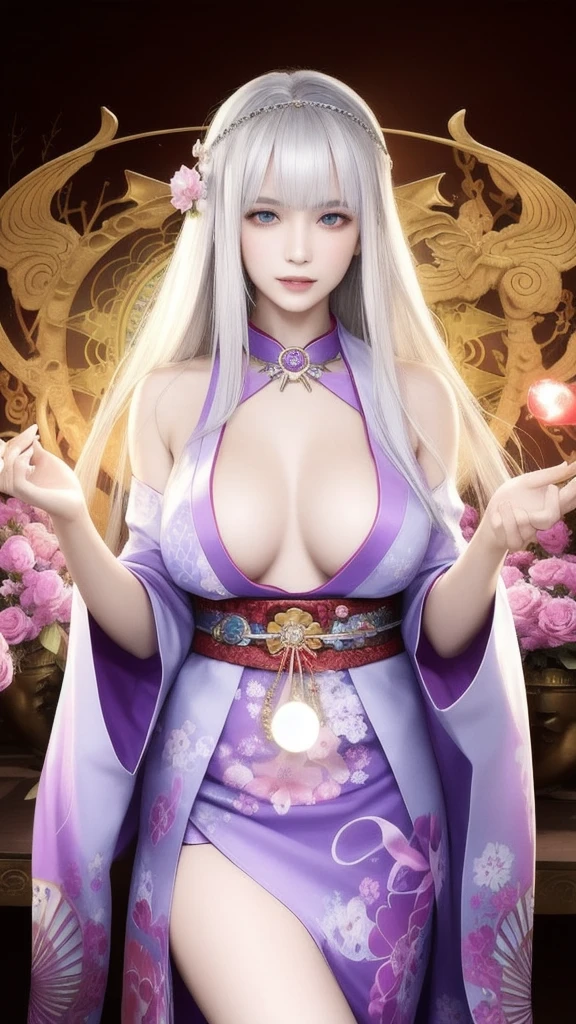 (masterpiece, top quality, 1 female, solo, exquisite details, chromatic aberration), (realistic), (skin), ((breathing)), (silver hair, blunt bangs, cropped straight long hair, short bangs, silver hair), beautiful hair, red headdress, highlights, hair on one eye, beautiful eyes, purple eyes, thick lips, earrings, piercing eyes, ((gold and white kimono)), ((symmetrical eyes)), ((perfectly symmetrical body)), ((perfectly symmetrical hands)), (purerosface_v1:0.3), full moon night, ((self, natural light))), bright lighting, flowers blooming in background, in front of viewer, ((central shot, from the front, (face and shoulders))), mysterious atmosphere, colorful flowers blooming around, bright colored background, shrine maiden in kimono, beautiful shrine maiden, Shrine maiden, fantasy female shrine maiden, female fortune telling shrine maiden, fantasy photography, Japanese style, elegant cinematic fantasy art, fantasy woman, sorceress portrait, powerful wizard surrounded by mystical colorful flowers, holding a glowing heart crystal ball, eyes glowing with mystical energy, spells leaking from her mouth, vibrant sorcery vortexes pulsating with rainbow hues appear in the air, magic permeates, flowers bloom, sacred creatures gaze in awe, threads of magical energy dance, reveal hidden realms, unravel secrets, capture the essence of this enchanting moment and bring to life the mystical power of sorcery on a canvas of the highest quality and finest detail. Top quality, masterpiece, ultra high resolution, (photorealistic: 1.4), RAW photo, sharp focus, high resolution, detailed skin.
Flowers blooming all around, bright colored background, fortune teller in kimono, beautiful fortune teller, fortune teller, fantasy female fortune teller, female fortune teller, fantasy photography, Japanese style, fortune teller in kimono, elegant cinematic fantasy art, fantasy woman, magician portrait, fortune teller, powerful wizard surrounded by mystical colorful flowers, holding a glowing heart c