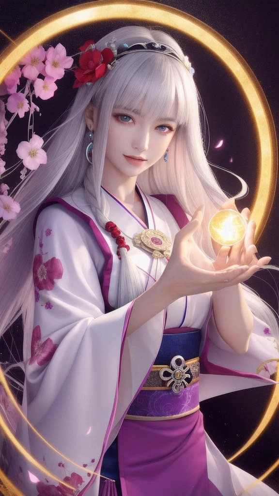 (masterpiece, top quality, 1 female, solo, exquisite details, chromatic aberration), (realistic), (skin), ((breathing)), (silver hair, blunt bangs, cropped straight long hair, short bangs, silver hair), beautiful hair, red headdress, highlights, hair on one eye, beautiful eyes, purple eyes, thick lips, earrings, piercing eyes, ((gold and white kimono)), ((symmetrical eyes)), ((perfectly symmetrical body)), ((perfectly symmetrical hands)), (purerosface_v1:0.3), full moon night, ((self, natural light))), bright lighting, flowers blooming in background, in front of viewer, ((central shot, from the front, (face and shoulders))), mysterious atmosphere, colorful flowers blooming around, bright colored background, shrine maiden in kimono, beautiful shrine maiden, Shrine maiden, fantasy female shrine maiden, female fortune telling shrine maiden, fantasy photography, Japanese style, elegant cinematic fantasy art, fantasy woman, sorceress portrait, powerful wizard surrounded by mystical colorful flowers, holding a glowing heart crystal ball, eyes glowing with mystical energy, spells leaking from her mouth, vibrant sorcery vortexes pulsating with rainbow hues appear in the air, magic permeates, flowers bloom, sacred creatures gaze in awe, threads of magical energy dance, reveal hidden realms, unravel secrets, capture the essence of this enchanting moment and bring to life the mystical power of sorcery on a canvas of the highest quality and finest detail. Top quality, masterpiece, ultra high resolution, (photorealistic: 1.4), RAW photo, sharp focus, high resolution, detailed skin.
Flowers blooming all around, bright colored background, fortune teller in kimono, beautiful fortune teller, fortune teller, fantasy female fortune teller, female fortune teller, fantasy photography, Japanese style, fortune teller in kimono, elegant cinematic fantasy art, fantasy woman, magician portrait, fortune teller, powerful wizard surrounded by mystical colorful flowers, holding a glowing heart c