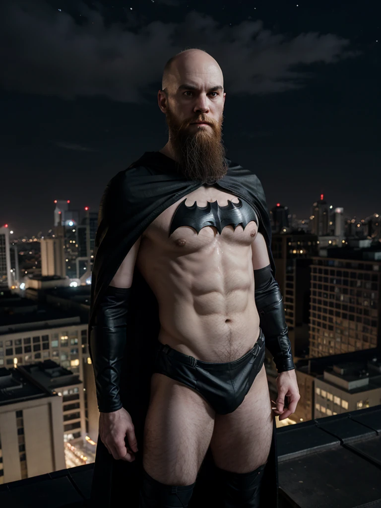 Ultrarealistic, male, pale skin, bald, long beard, wearing a batman costume, standing on a roof, at night