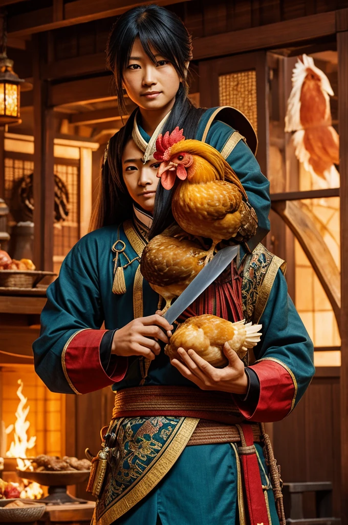 Sunraku holding friend chicken instead of sword from ShangriLa frontier anime