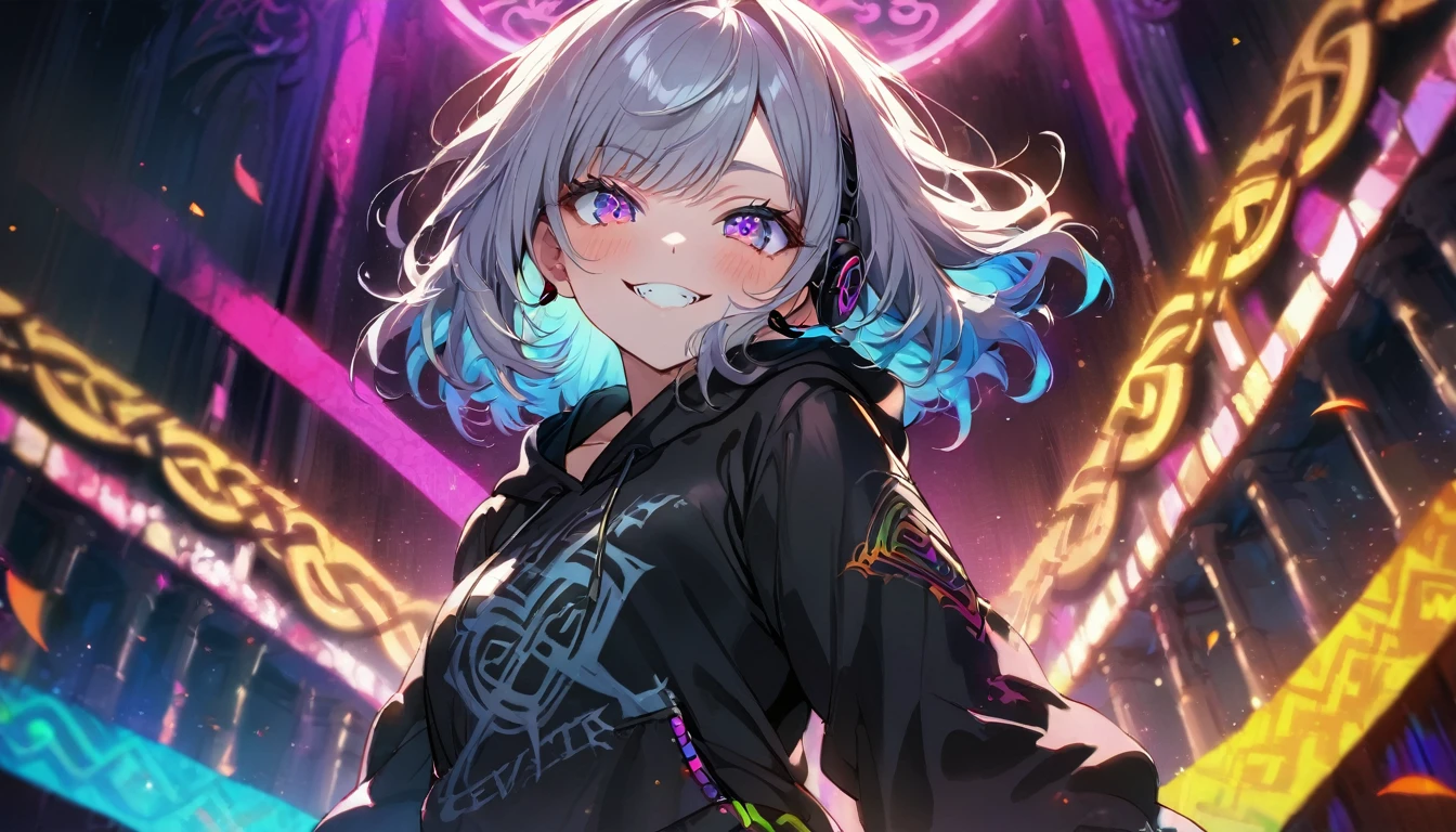 ((Masterpiece)), ((best quality)), (Anime:1.3), (super detail:1.2), (High Definition:1.3), (Professional Photography:1.3), cute young Girl, Glossy unruly hair, (loose swept bangs), (silver ash hair), medium hair, big eyes, (Eye bags:1.3), (Long eyelashes), colorful eyes, (evil smile and blush), Glossy lips, (jagged teeth), farewell, ((black hoodie with oversized)), mini skirt, (upper body:1.3), barearms, cute, (colorful:1.3), gothic makeup, (wearing headphone), (Banishing evil spirits:1.3), (neon-lit:0.7), pretty, Celtic, maniac, gazing skyward, (at altar:1.3), (dutch angle:1.3), (from side:1.5),