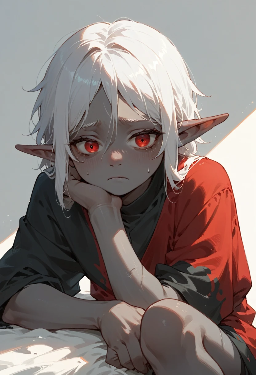 one young elf man, grey skin, short white hair, red eyes dark clothes, tired, sad