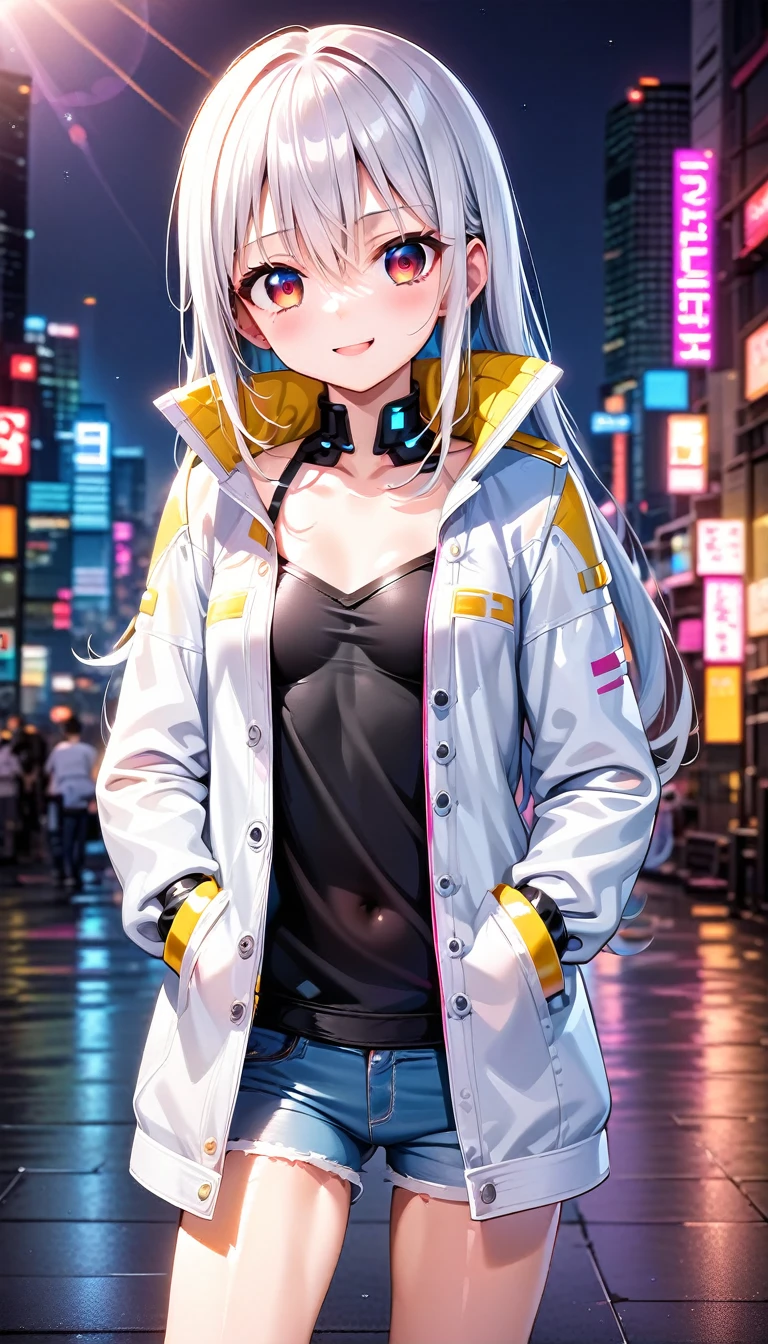 1girl, 15 years old, slim, small breasts, white hair, hairs between eyes, shoulder length hair, pale skin, bright red eye:1.3, white duffle coat and long-sleeve black sweater, open jacket, jeans, gold pocket watches hanging from the neck, BREAK kawaii, smile, cowboy shot, pose, (cyberpunk night city:1.3), neon light, (light particle:1.3), BREAK smooth skin, cinematic lighting, volumetric shadow, BREAK source_anime, score_9, score_8_up, score_7_up, (masterpiece:1.2), (best quality:1.2), (very aesthetic:1.2), (absurdres:1.2), (detailed background), newest, (intricate:1.2), ai-generated, BREAK
