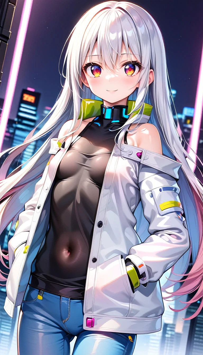 1girl, , slim, small breasts, white hair, hairs between eyes, shoulder length hair, pale skin, bright red eye:1.3, white duffle coat and long-sleeve black sweater, open jacket, jeans, gold pocket watches hanging from the neck, BREAK kawaii, smile, cowboy shot, pose, (cyberpunk night city:1.3), neon light, (light particle:1.3), BREAK smooth skin, cinematic lighting, volumetric shadow, BREAK source_anime, score_9, score_8_up, score_7_up, (masterpiece:1.2), (best quality:1.2), (very aesthetic:1.2), (absurdres:1.2), (detailed background), newest, (intricate:1.2), ai-generated, BREAK