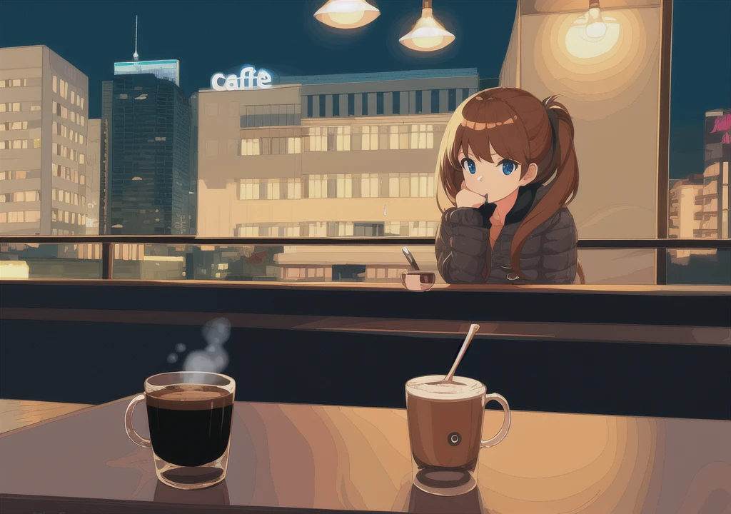 A girl drinking coffee in a cafe at night and looking at a laptop