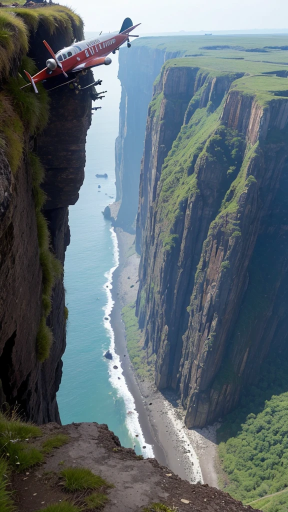 make a very real picture of a rusted crash airplane being stuck alongside a very high cliff, scary scenery, hyper-realistic, 16k