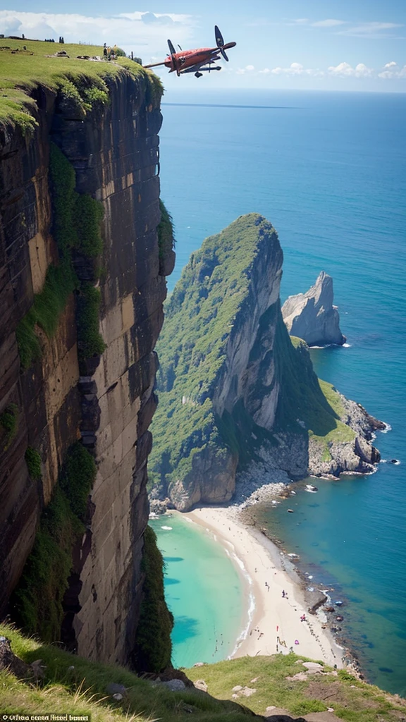 make a very real picture of a rusted crash airplane being stuck alongside a very high cliff, scary scenery, hyper-realistic, 16k