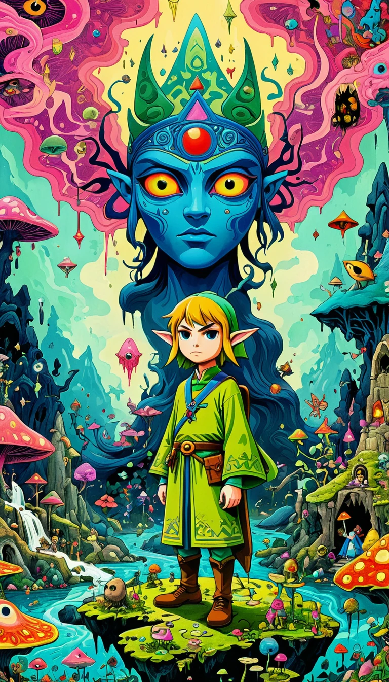 whole body, The Legend of Zelda game characters, Zelda Comics, man, Zelda character ff, Ian Mack's style, Chen Taimei, Fashionable clothing design, Horror Dungeon Description, Jean Baptiste Monge, academia，Psychedelic Abstract Art, puzzling, melt, Bright colors, Michael DeForge (Michael Deforge) Inspired by Pop Art, Mumford, tumblr, Psychedelic Art, Psychedelic illustration, Psychedelic Trip, Psychedelic Trip, retro Psychedelic illustration, Psychedelic Art style, psychedelic style, Surreal psychedelic design, LSD Trip, Psychedelic Fever Dream, psychedelics, Shaman horror LSD art, psychedelics