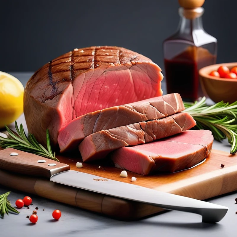 no humans,(food focus:1.1),food,still life,meat,Cut beef,white background,1 knife,simple background,Chopping board,(masterpiece:1,2),best quality,Rosemary,raw steak,