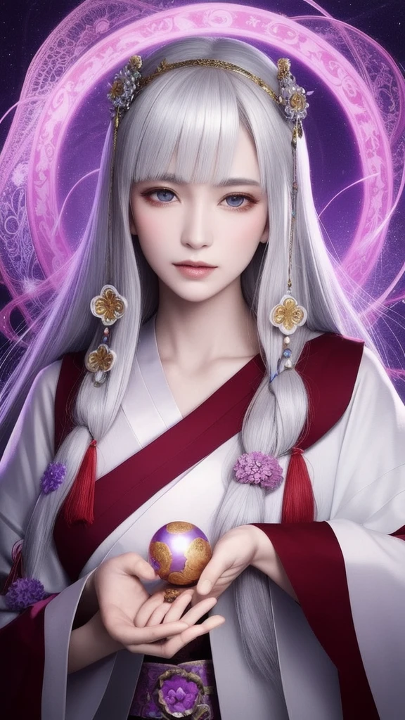 (masterpiece, top quality, 1 female, solo, exquisite details, chromatic aberration), (realistic), (skin), ((breathing)), (silver hair, blunt bangs, cropped straight long hair, short bangs, silver hair), beautiful hair, red headdress, highlights, hair on one eye, beautiful eyes, purple eyes, thick lips, earrings, piercing eyes, ((gold and white kimono)), ((symmetrical eyes)), ((perfectly symmetrical body)), ((perfectly symmetrical hands)), (purerosface_v1:0.3), full moon night, ((self, natural light))), bright lighting, flowers blooming in background, in front of viewer, ((central shot, from the front, (face and shoulders))), mysterious atmosphere, colorful flowers blooming around, bright colored background, shrine maiden in kimono, beautiful shrine maiden, Shrine maiden, fantasy female shrine maiden, female fortune telling shrine maiden, fantasy photography, Japanese style, elegant cinematic fantasy art, fantasy woman, sorceress portrait, powerful wizard surrounded by mystical colorful flowers, holding a glowing heart crystal ball, eyes glowing with mystical energy, spells leaking from her mouth, vibrant sorcery vortexes pulsating with rainbow hues appear in the air, magic permeates, flowers bloom, sacred creatures gaze in awe, threads of magical energy dance, reveal hidden realms, unravel secrets, capture the essence of this enchanting moment and bring to life the mystical power of sorcery on a canvas of the highest quality and finest detail. Top quality, masterpiece, ultra high resolution, (photorealistic: 1.4), RAW photo, sharp focus, high resolution, detailed skin.
Flowers blooming all around, bright colored background, fortune teller in kimono, beautiful fortune teller, fortune teller, fantasy female fortune teller, female fortune teller, fantasy photography, Japanese style, fortune teller in kimono, elegant cinematic fantasy art, fantasy woman, magician portrait, fortune teller, powerful wizard surrounded by mystical colorful flowers, holding a glowing heart c