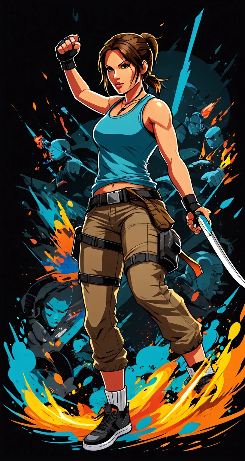Lara Croft style fighting game, Hip-Hop Style, t shirt design, flat-colors, vectorial art,  ((black backdrop)) . dynamic, Vibrant, full of action, detailed character design, reminiscent of fighting video games