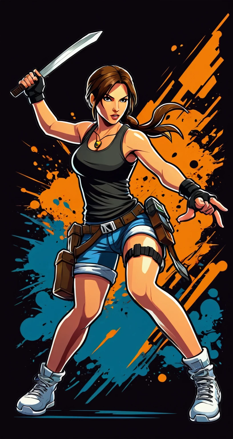 Lara Croft style fighting game, Hip-Hop Style, t shirt design, flat-colors, vectorial art,  ((black backdrop)) . dynamic, Vibrant, full of action, detailed character design, reminiscent of fighting video games