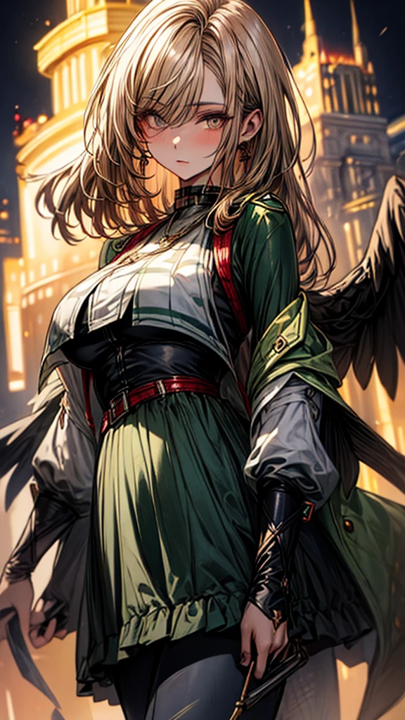Masterpiece, Beautiful art, professional artist, 8k, art style by sciamano240, detailed body, Very detailed face, very detailed eyes, Detailed clothing, detailed fabric, Best Quality, better resolution, 1 Mexican soldier, brown eyes view of her breasts, perfect breasts, standing, big breasts, serious expression, At night , long brown hair, choker:1.6,(green jacket,with lighter green spots, round neck shirt showing breasts) black gloves that cover your hands, holding a gun in his hand, (bright green and brown leggings), looking at the viewer, Dark City, Atmosphere, fog, At night