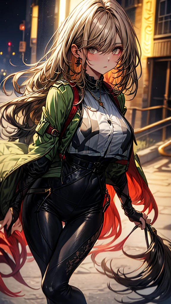 Masterpiece, Beautiful art, professional artist, 8k, art style by sciamano240, detailed body, Very detailed face, very detailed eyes, Detailed clothing, detailed fabric, Best Quality, better resolution, 1 Mexican soldier, brown eyes view of her breasts, perfect breasts, standing, big breasts, serious expression, At night , long brown hair, choker:1.6,(green jacket,with lighter green spots, round neck shirt showing breasts) black gloves that cover your hands, holding a gun in his hand, (bright green and brown leggings), looking at the viewer, Dark City, Atmosphere, fog, At night