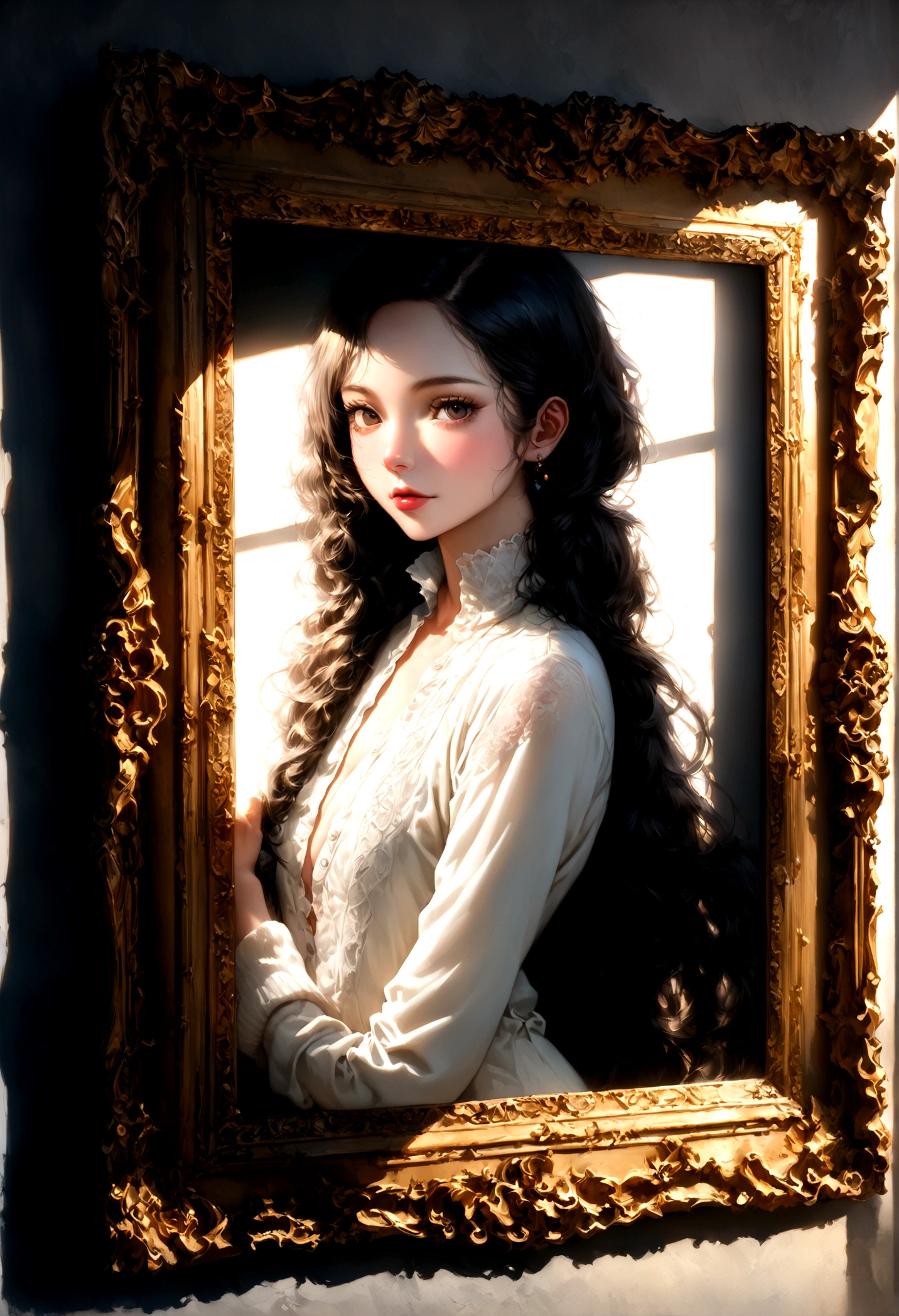 head of&#39;artwork, best quality, Ultra haute résolution (realism: 1.4), photo originale, objectif 35 mm, ouverture F1.4, Affiche de film, Light and shadow, Une fille, In white cardigan, longs cheveux noirs, real skin, (skin detail: 1.3),