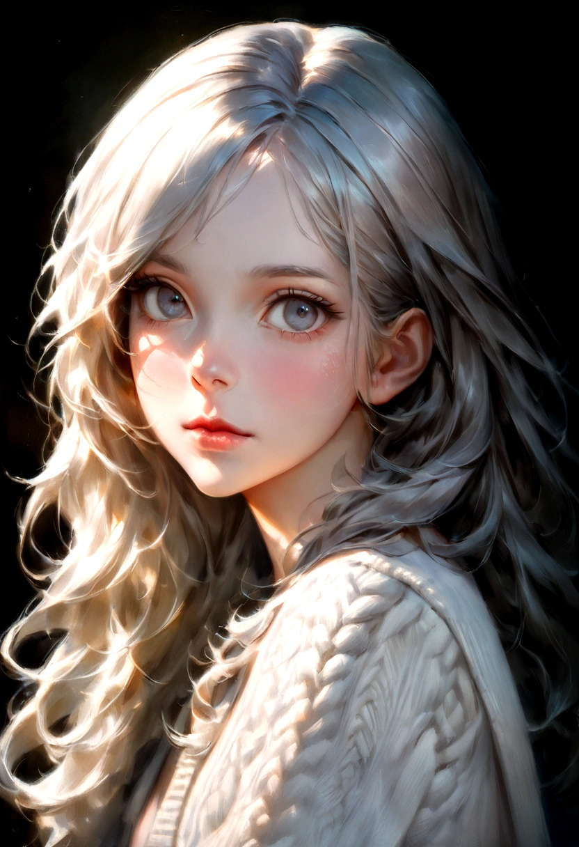 head of'artwork, best quality, Ultra haute résolution (realism: 1.4), photo originale, objectif 35 mm, ouverture F1.4, Affiche de film, Light and shadow, Une fille, In white cardigan, longs cheveux noirs, real skin, (skin detail: 1.3),