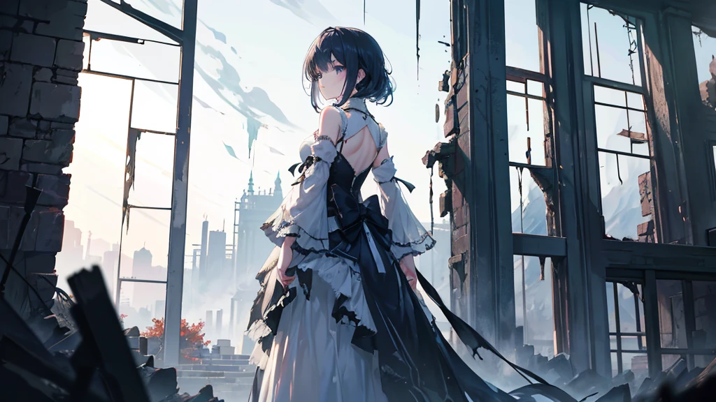 An anime girl standing alone in the dim light of the morning, with a serene yet determined expression on her face. The background shows the remnants of a fantasy world crumbling away, symbolizing the deceitful charm and lies she has left behind. The scene is filled with shadows receding as the truth is unveiled, and the first light of dawn begins to break through. She is dressed in flowing garments that hint at a past masquerade, now torn and discarded. Her eyes are clear and focused, symbolizing her newfound clarity and strength. The atmosphere is one of liberation and healing, with soft, natural lighting enhancing the emotional depth. In the distance, there are hints of a new, hopeful beginning, as she walks away from the shadows of her past.
