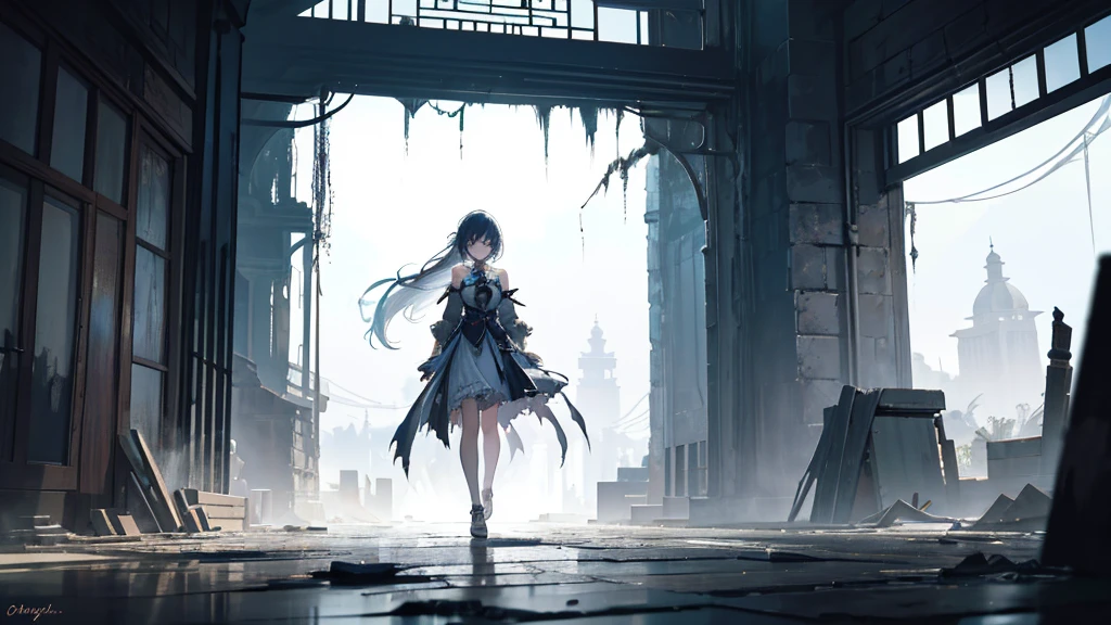 An anime girl standing alone in the dim light of the morning, with a serene yet determined expression on her face. The background shows the remnants of a fantasy world crumbling away, symbolizing the deceitful charm and lies she has left behind. The scene is filled with shadows receding as the truth is unveiled, and the first light of dawn begins to break through. She is dressed in flowing garments that hint at a past masquerade, now torn and discarded. Her eyes are clear and focused, symbolizing her newfound clarity and strength. The atmosphere is one of liberation and healing, with soft, natural lighting enhancing the emotional depth. In the distance, there are hints of a new, hopeful beginning, as she walks away from the shadows of her past.