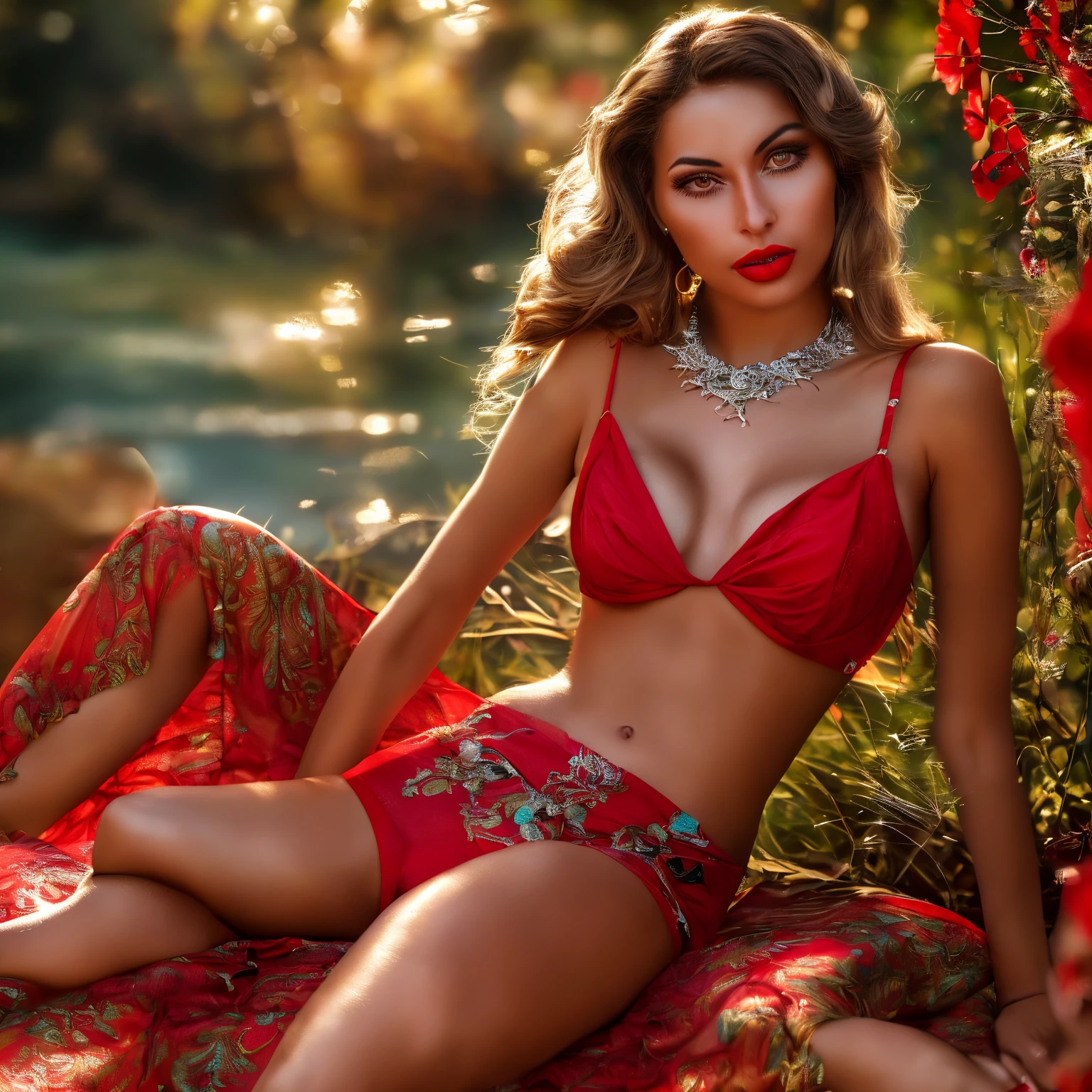 Generate me the most beautiful woman in the world with a magnificent summer outfit very pretty red lipstick magnificent jewelry magnificent accessories all this in a magnificent background I want everything to be in 8k ultra realistic ultra detailed with textures hyper realistic
