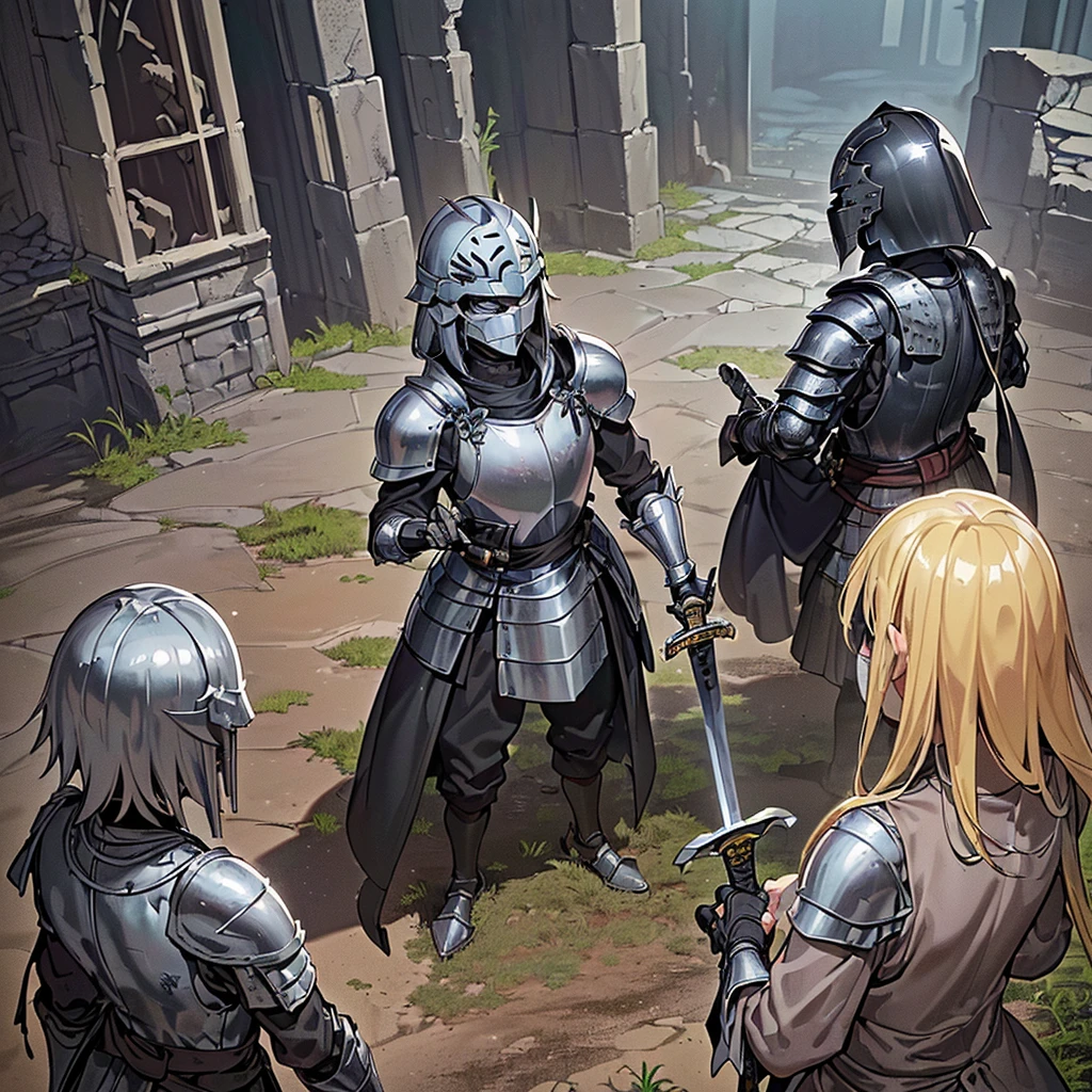 Best illustrations、Best Quality、(((Simple grey armor、Black trousers、Black glover.々Hairstyle、Mr.々Hair coron helmet、Iron Mask、Iron Helmet)、(((Grab the sword、Get Ready)))、(Old ruins、desert。Grass)、Fall to the floor、(Black, muddy swamp)、(中世の騎士が10 people)、(get annoyed、anxiety、impatience、Open your mouth、shout)、(lots of medieval knights、10 people)、battlefield、(From the back、Back view、back view)