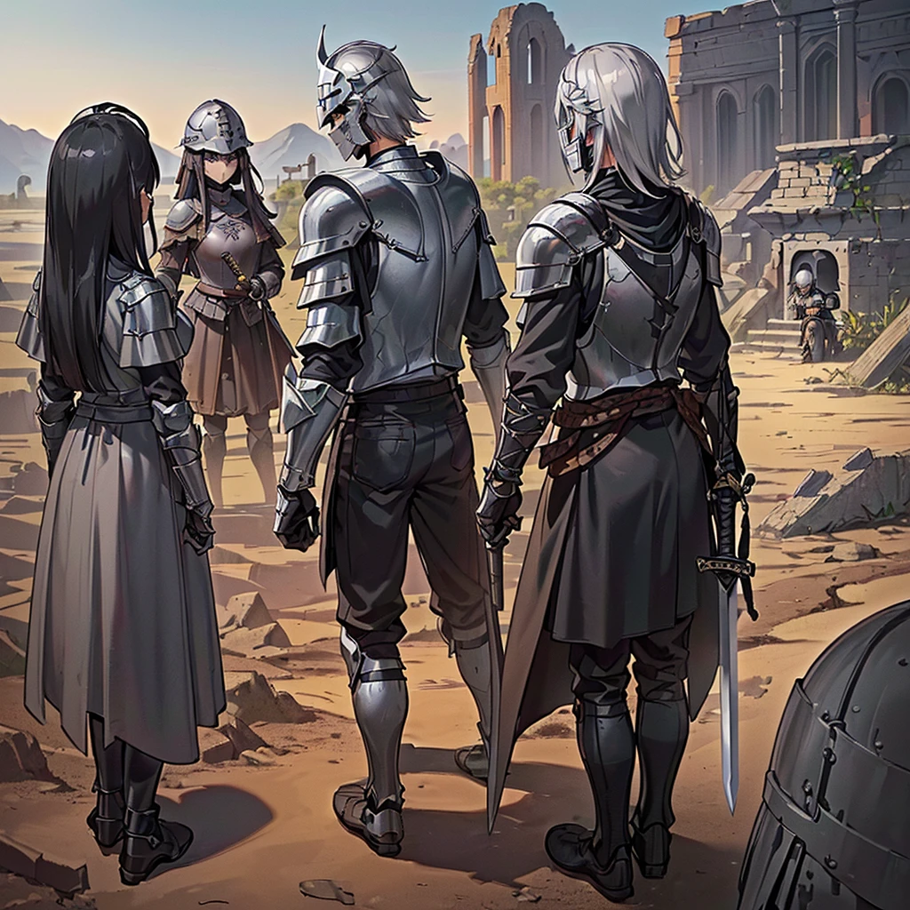 Best illustrations、Best Quality、(((Simple grey armor、Black trousers、Black glover.々Hairstyle、Mr.々Hair coron helmet、Iron Mask、Iron Helmet)、(((Grab the sword、Get Ready)))、(Old ruins、desert。Grass)、Fall to the floor、(Black, muddy swamp)、(中世の騎士が10 people)、(get annoyed、anxiety、impatience、Open your mouth、shout)、(lots of medieval knights、10 people)、battlefield、(From the back、Back view、back view)