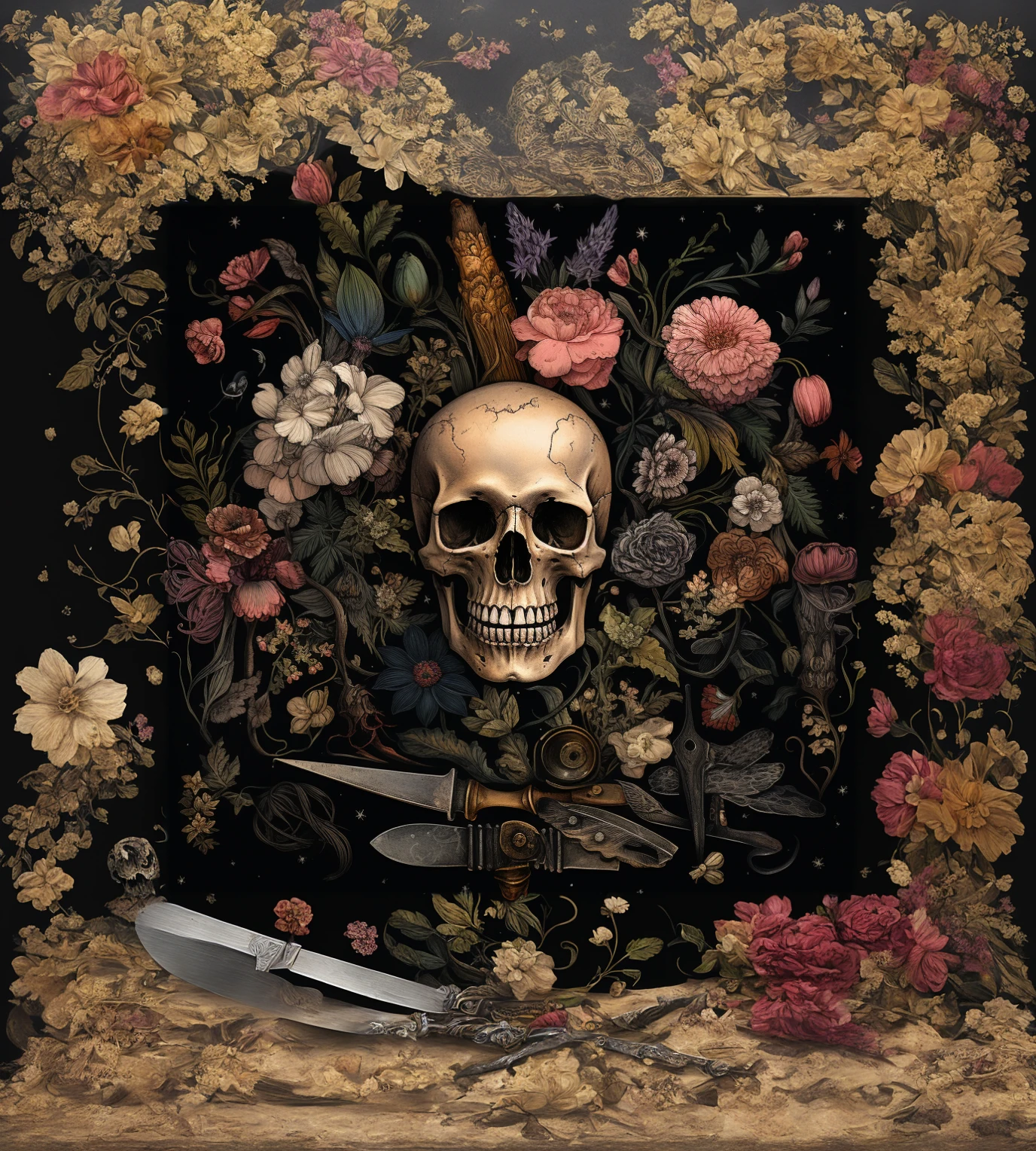Skull and knife in flower arrangement, remember death, ศิลปะdarkที่มีรายละเอียดสูง, Mori's Moment, dark, But it is a detailed digital art., Highly detailed digital graphics, Awesomely detailed graphics in color., vanity, Color illustrations for tattoos, ศิลปะdarkแบบบาโรก, Highly detailed elements, skull bone flower, Highly detailed official illustrations, official artwork, Highly detailed illustrations."