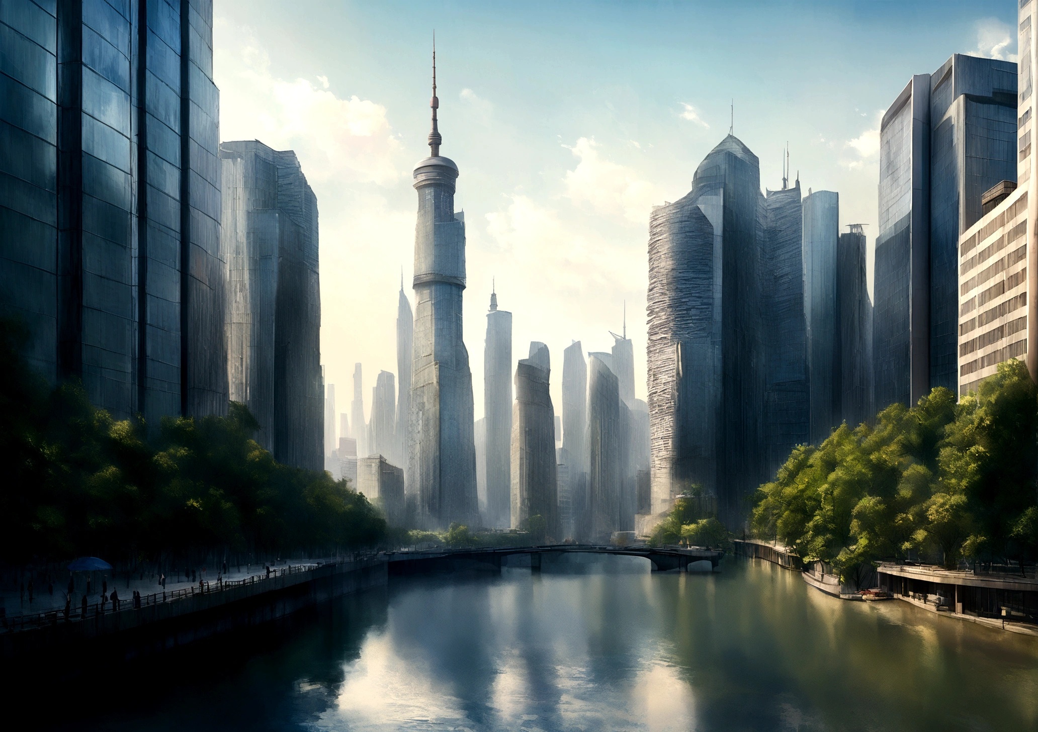 Shanghai skyscrapers The water is half the height of the building Photorealistic Highest quality