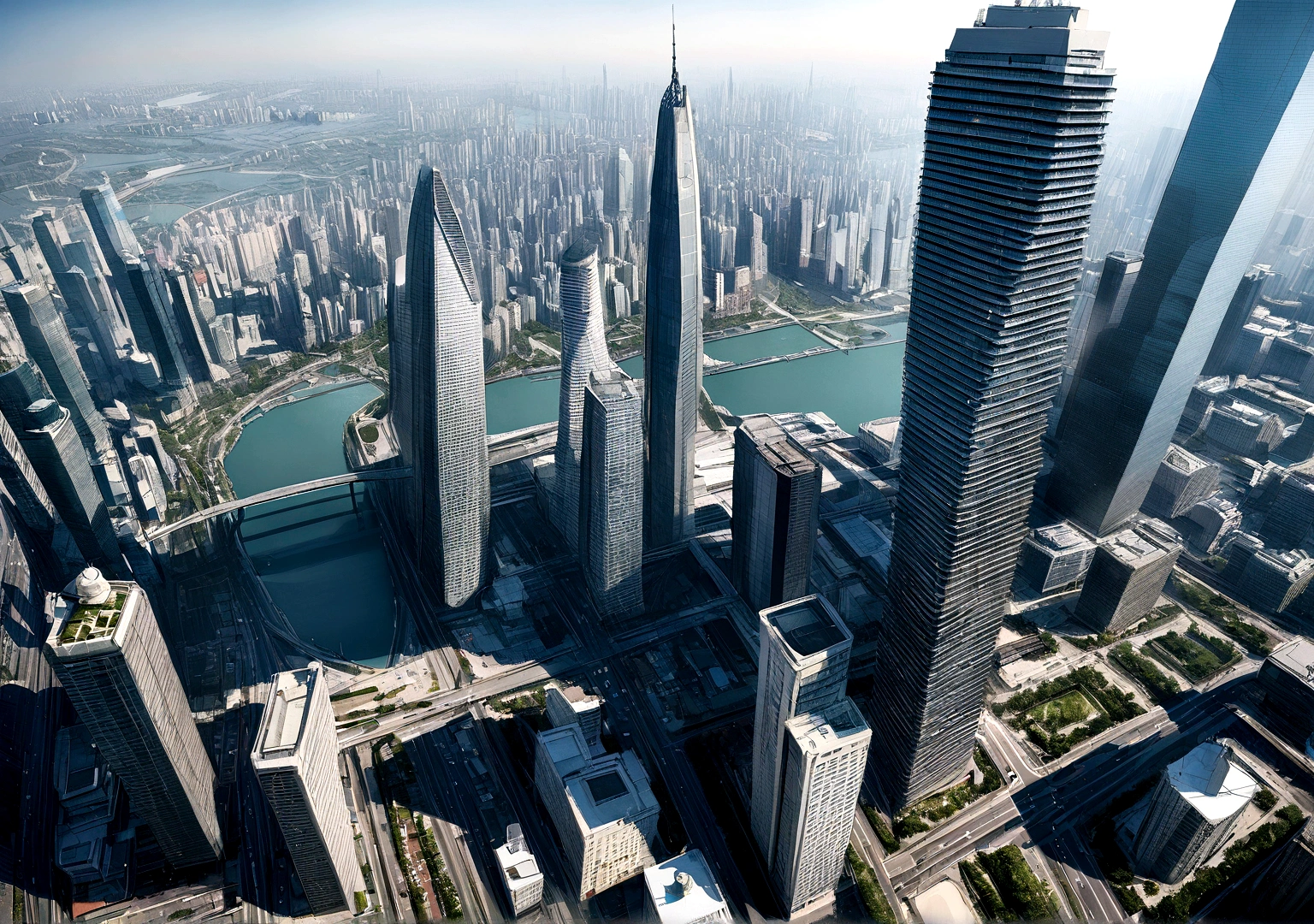 Shanghai skyscrapers The water is half the height of the building Photorealistic Highest quality
